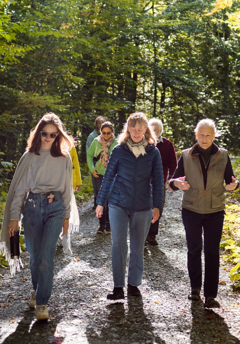 women out for a walk in sunny woods